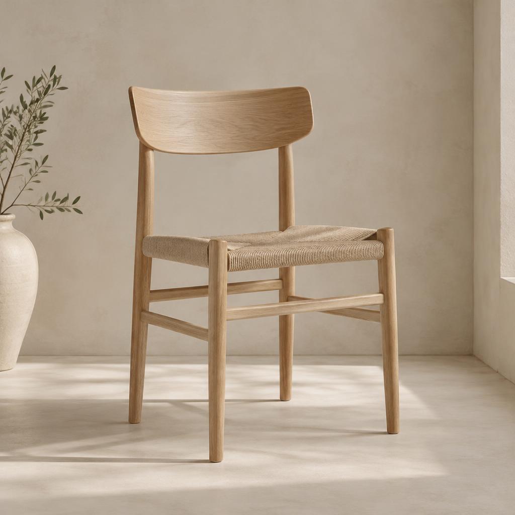 Light oak dining chair with a woven paper-cord seat against a warm plaster wall