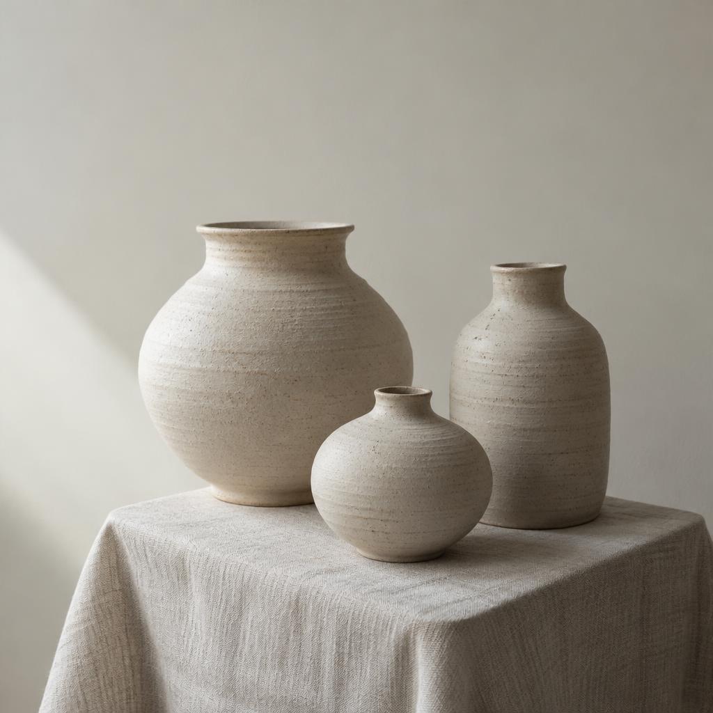 Three hand-thrown pale stoneware vessels on a linen-draped plinth