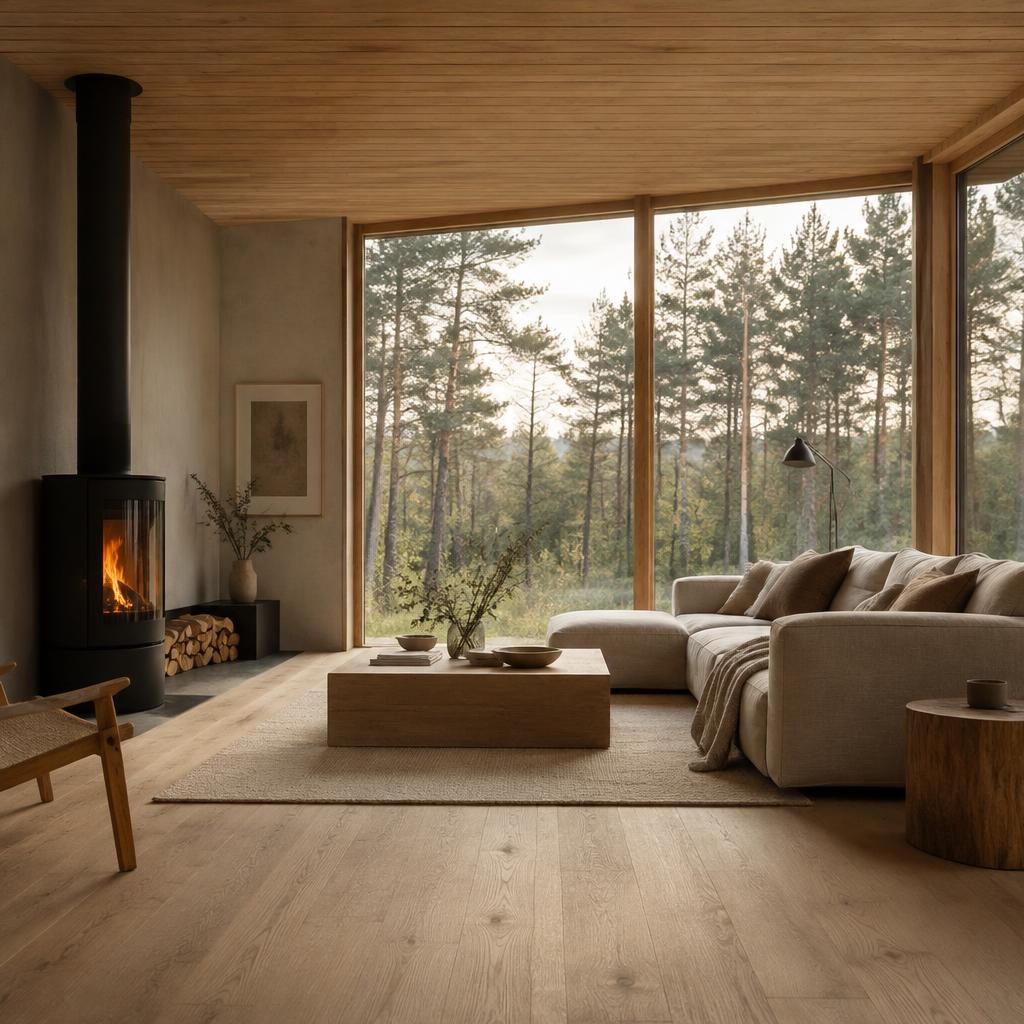 Nordic living room with a black wood stove, linen sofa and broad windows onto pine forest