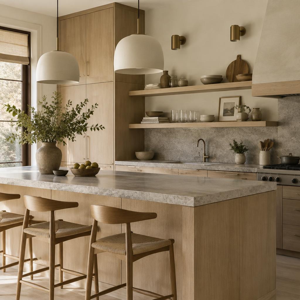Pale oak kitchen with open shelving, stone worktop and soft pendant lights