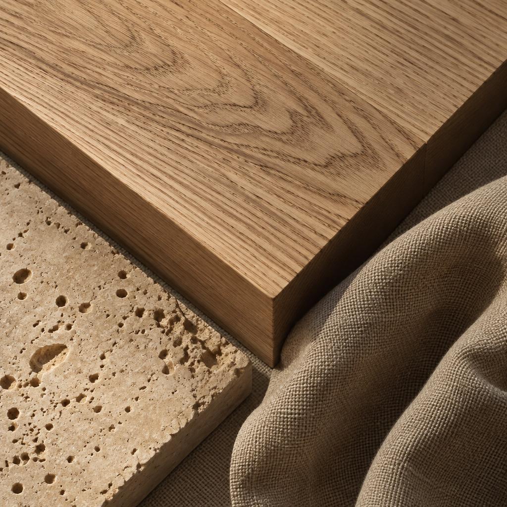 Close-up of oak grain beside travertine and natural linen in warm raking light