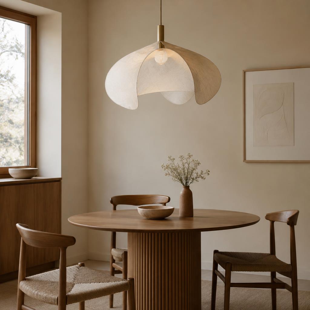 Sculptural paper pendant light with a brass fitting above a round oak dining table