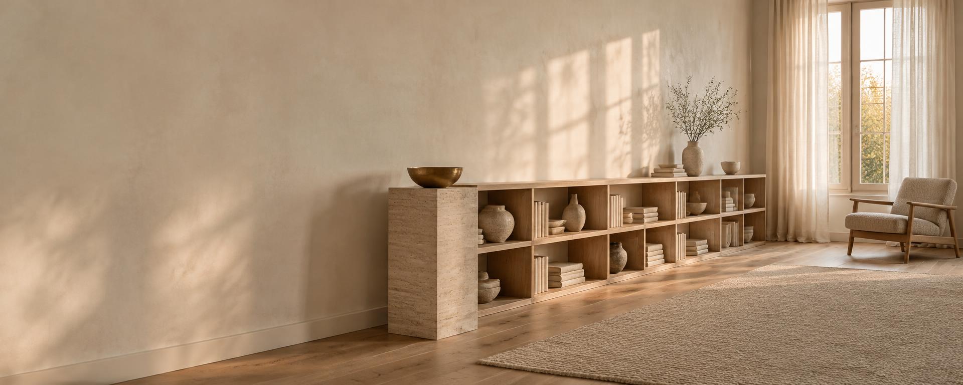 Long calm room with lime-plaster walls, pale oak shelving with stoneware and books, a travertine plinth and sheer curtains