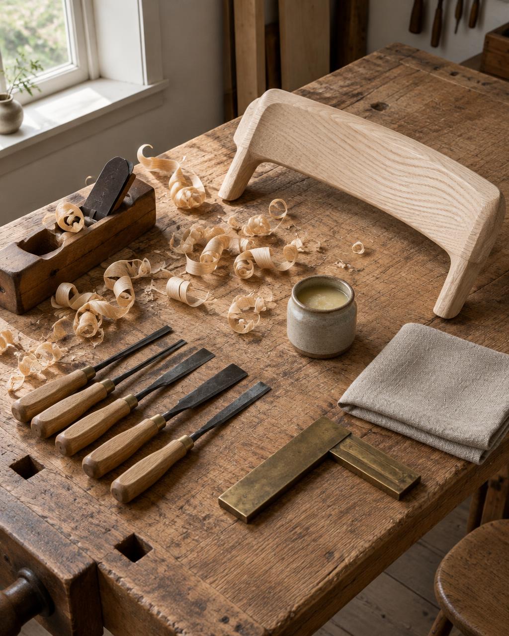 Maker's workbench with oak shavings, chisels, a linen swatch and a half-shaped chair backrest in solid ash