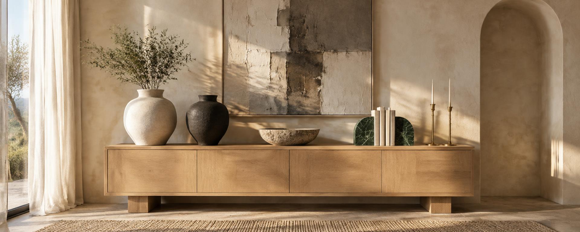 Sculptural ceramic vessels, stone bowl, green marble bookends and brass candlesticks on an oak console