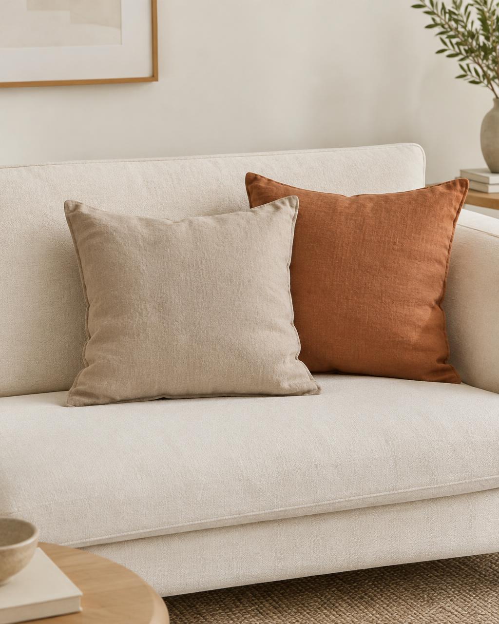Sand and terracotta linen cushions on a cream sofa