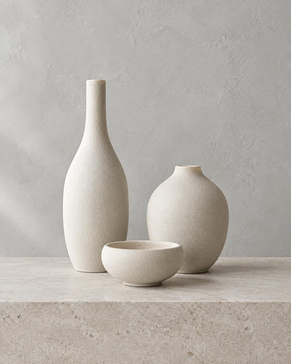 Forma ivory stoneware set with a tall vase, rounded vase and low bowl on limestone