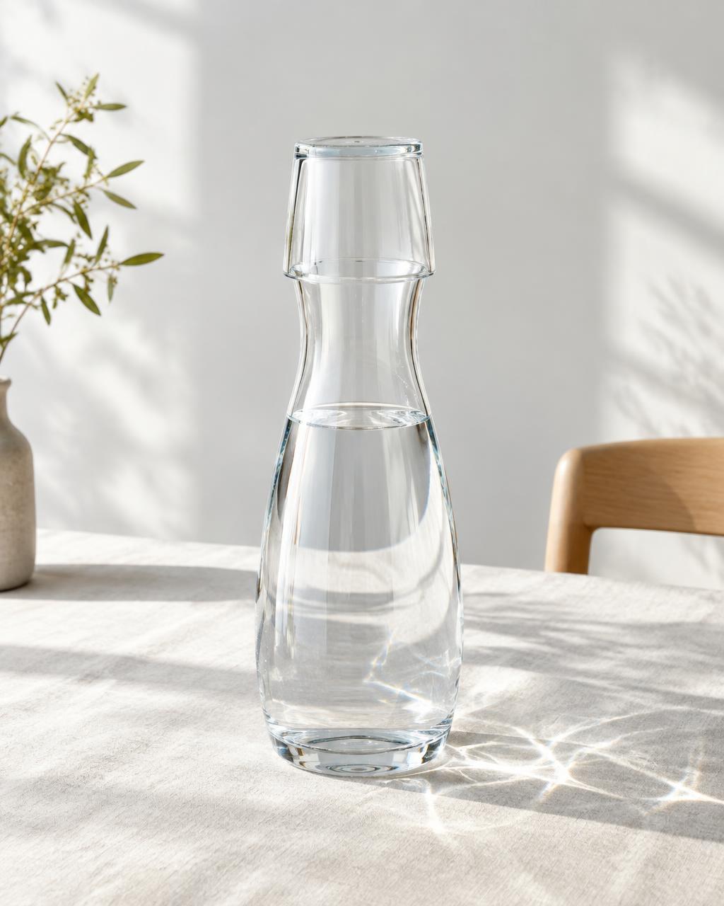 Clear glass water carafe with tumbler lid on a linen tablecloth