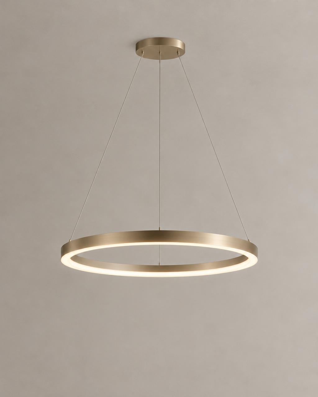 Halo Pendant with a glowing circular brass ring suspended from three fine wires