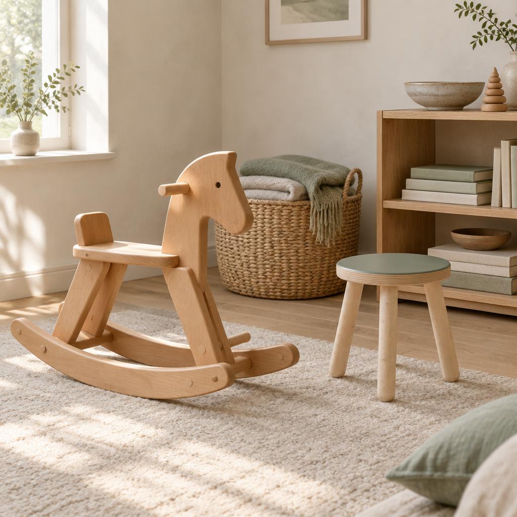 Calm children's room in morning light with a beech rocking horse, birch stool and woven basket of wool blankets