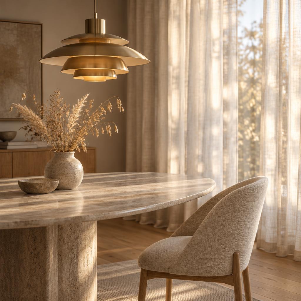 Layered brass pendant glowing over an oval stone dining table in late-afternoon light