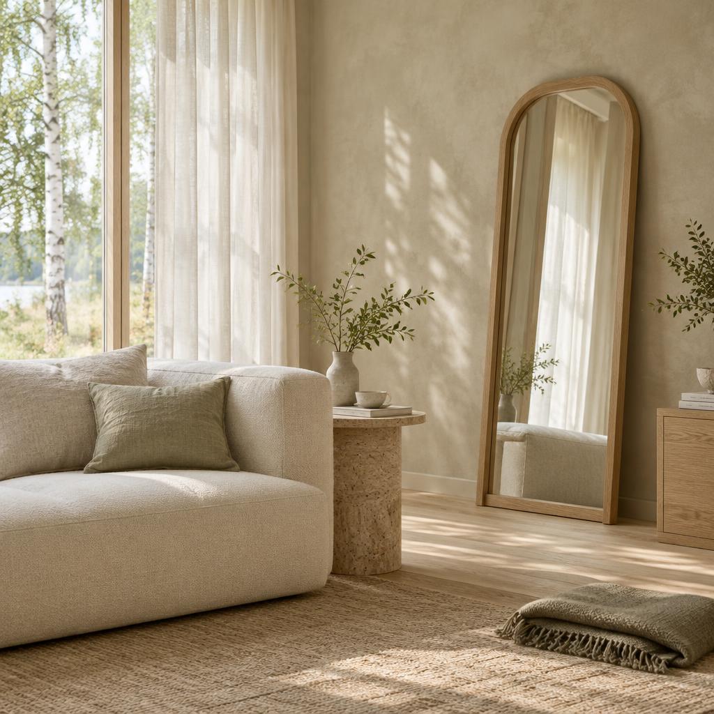 Serene living room corner with a low cream sofa, travertine side table, arched oak mirror and sheer curtains