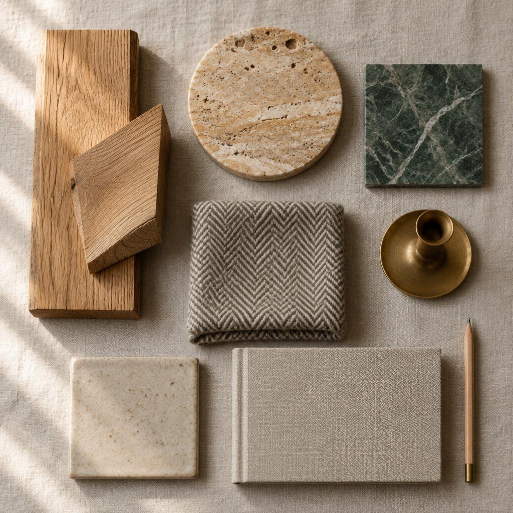 Overhead arrangement of oak offcuts, travertine, green marble, herringbone wool and a stoneware tile on pale linen