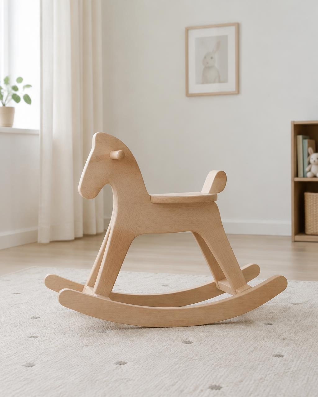 Solid beech wooden rocking horse in a calm children's room
