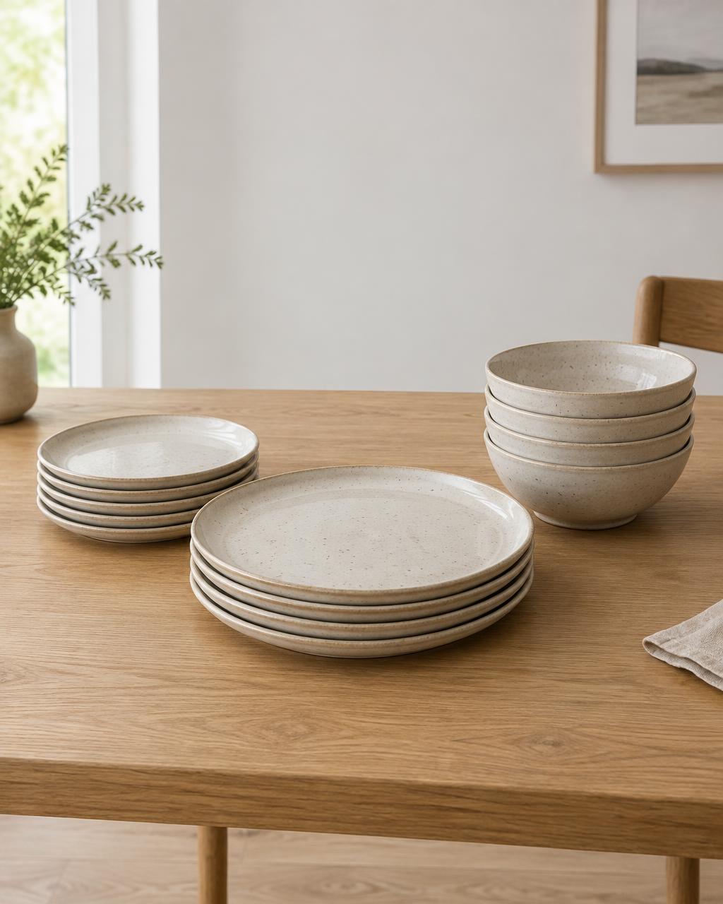 Stacked speckled oatmeal stoneware plates and bowls on an oak table