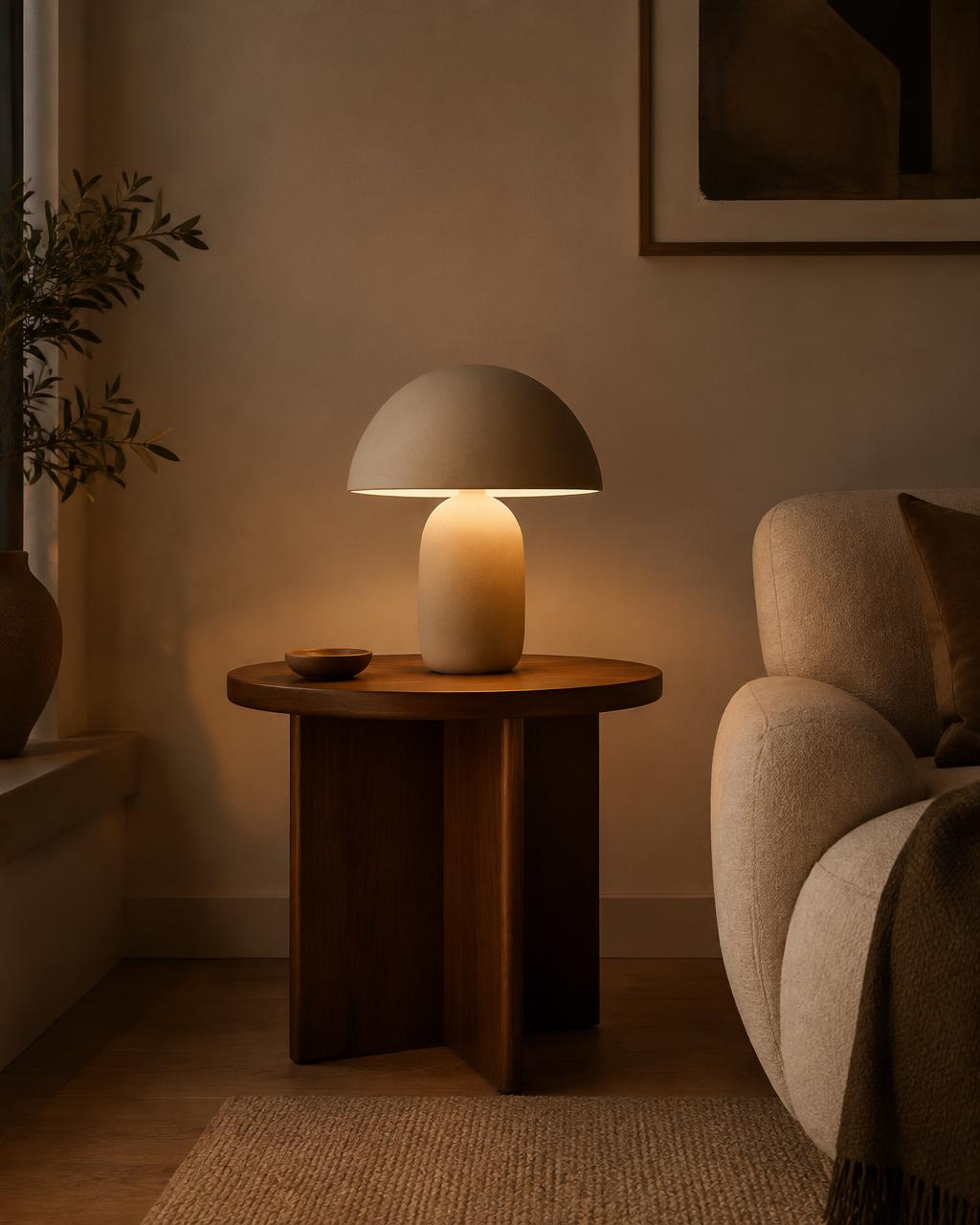 Sand ceramic mushroom table lamp glowing on a walnut side table
