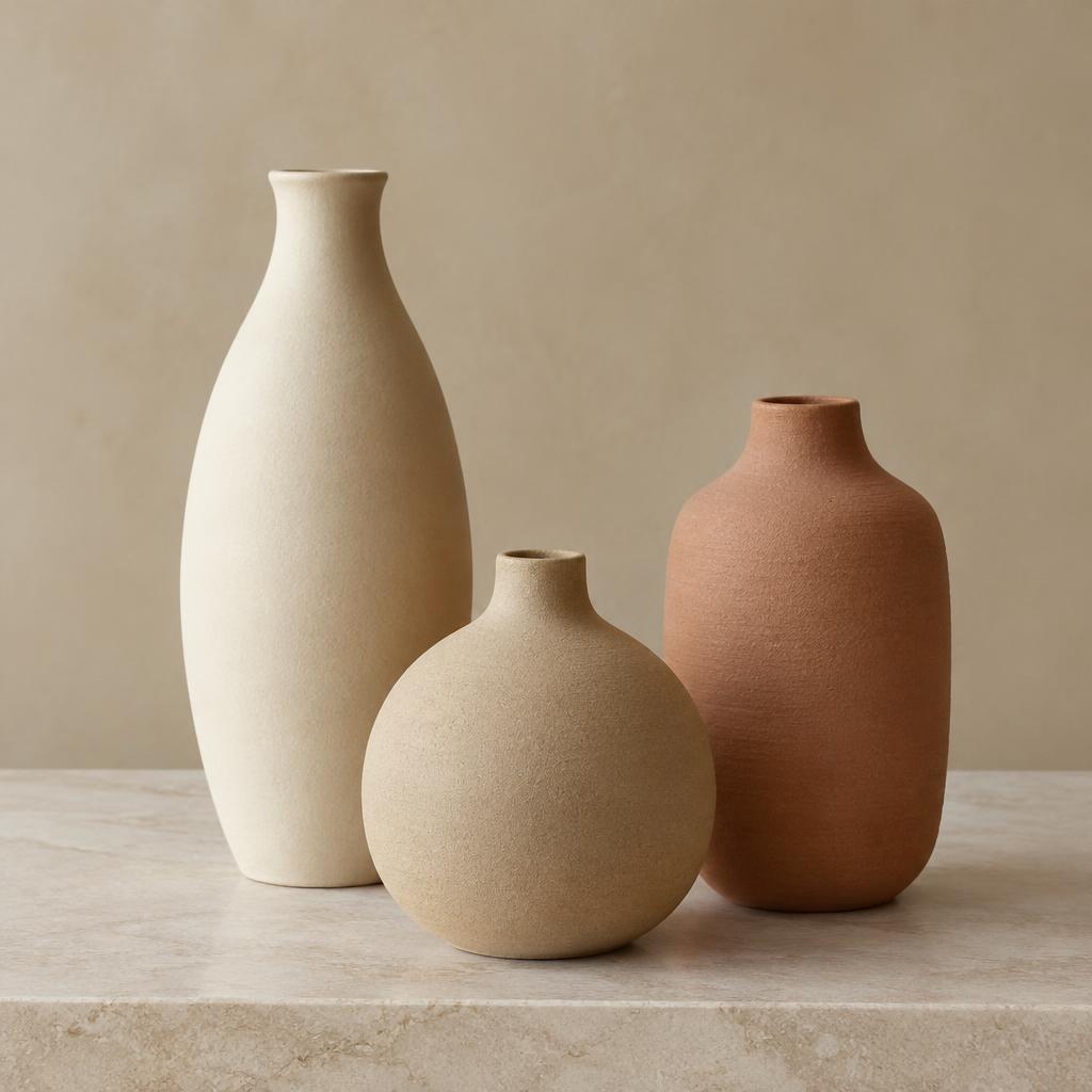 Forma set of three matte ceramic vessels in cream, sand and terracotta on a stone surface