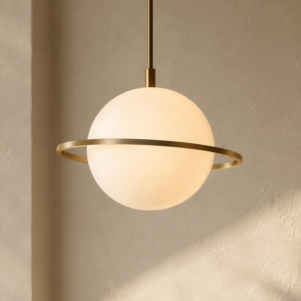 Halo Pendant with a glowing opal glass globe ringed by brushed brass against a plaster wall