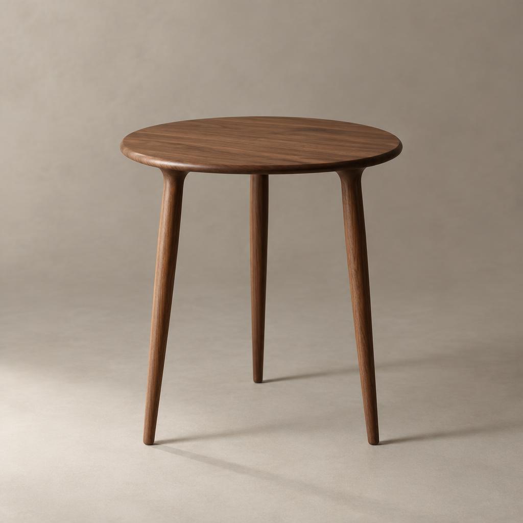 Haven round walnut side table with three slender turned legs against a warm grey backdrop
