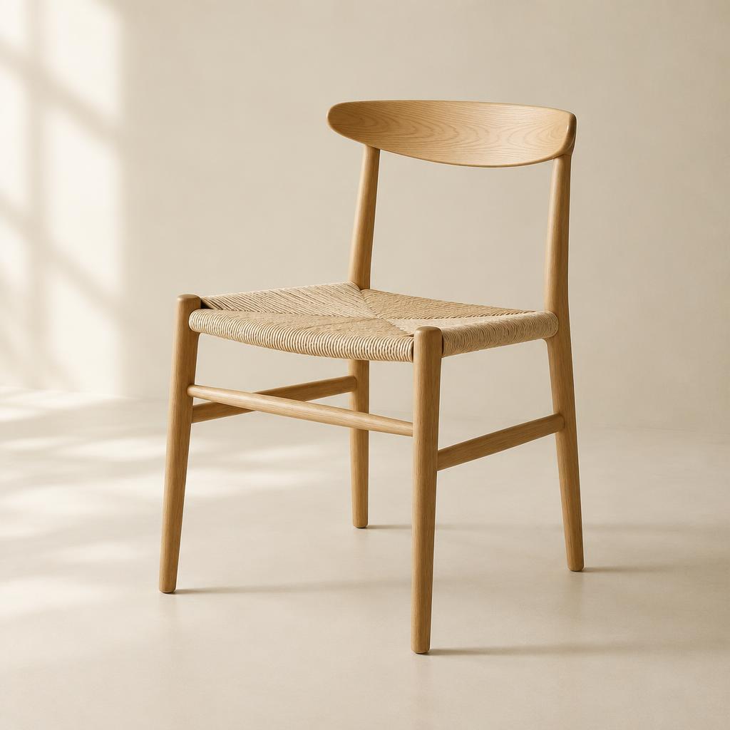 Klint light oak dining chair with woven paper-cord seat against a soft cream studio backdrop