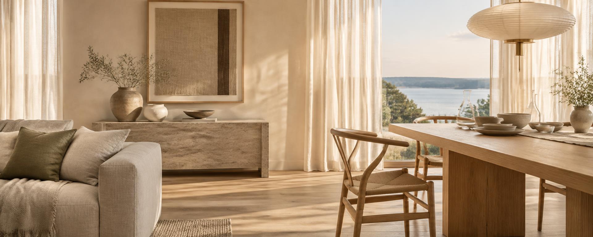 Wide sunlit showroom view with a linen sofa, travertine console with ceramic vessels and framed textile art, and an oak table set with stoneware beneath a paper pendant, overlooking calm water
