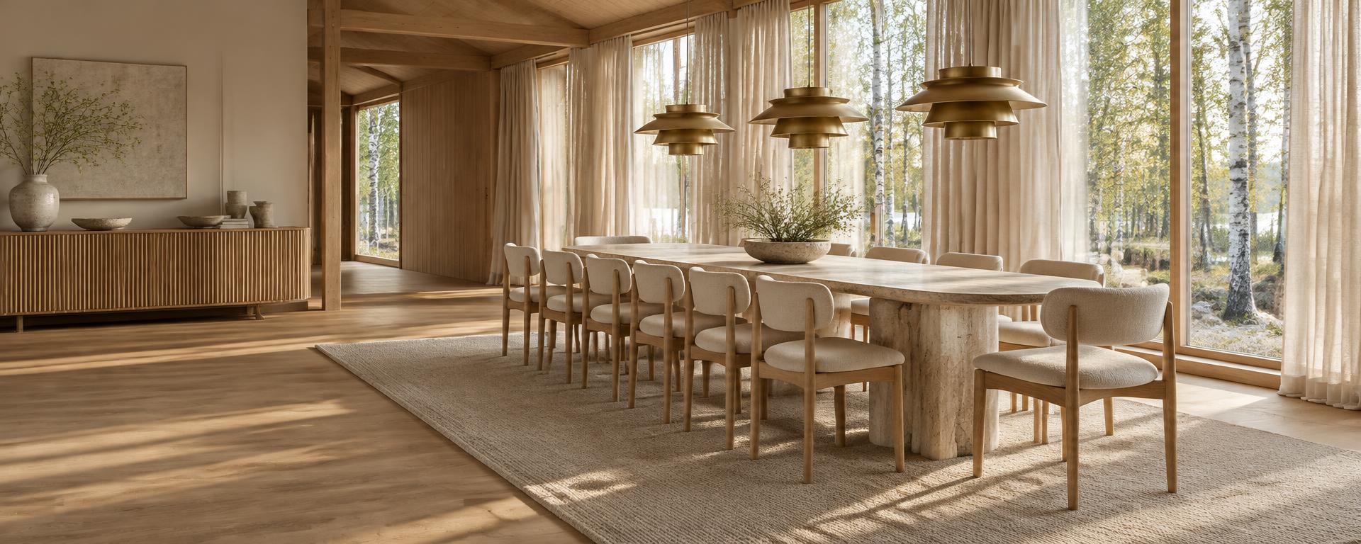 Long dining space in a converted timber house with a stone table, oak chairs, three brass pendants and tall windows