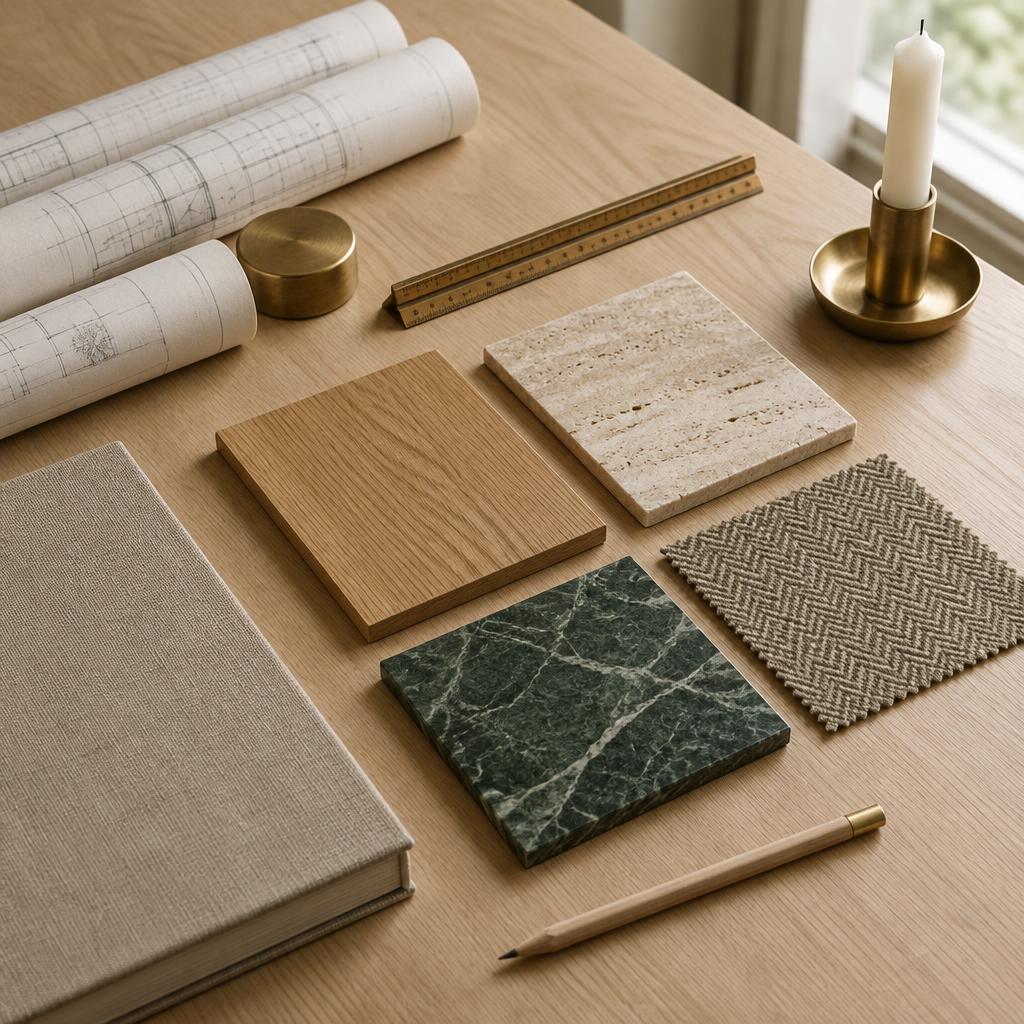 Specification table with rolled drawings, a scale ruler, oak, travertine, green marble and wool samples arranged in a grid